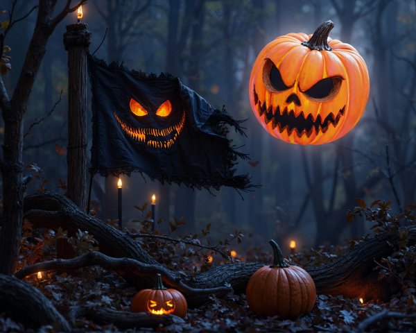 Misty Forest with Glowing Pumpkin and Black Flag