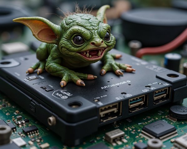 Small Green Creature on Circuit Board with Electronics