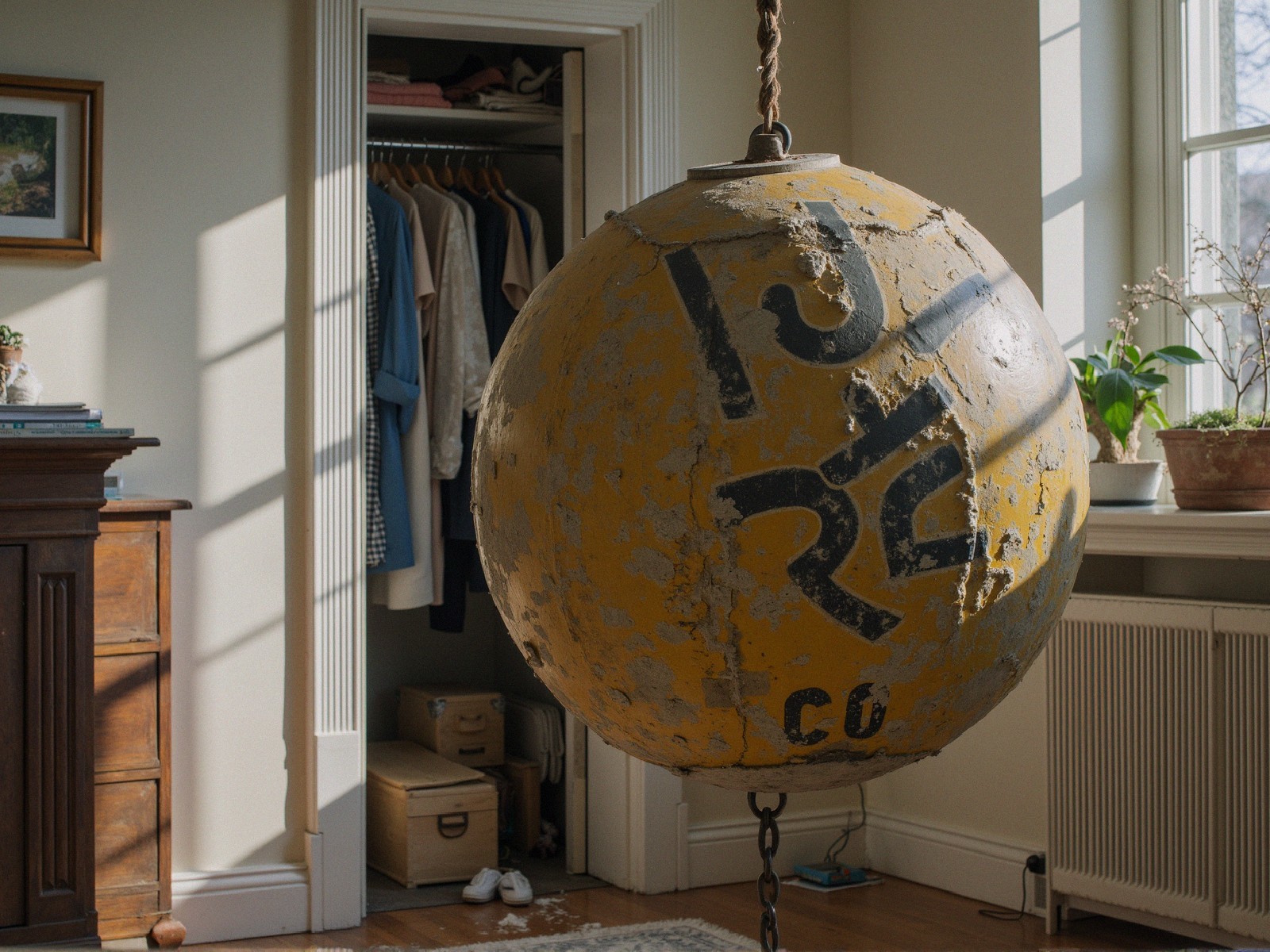 Weathered Yellow Buoy in Sunlit Room with Shadows