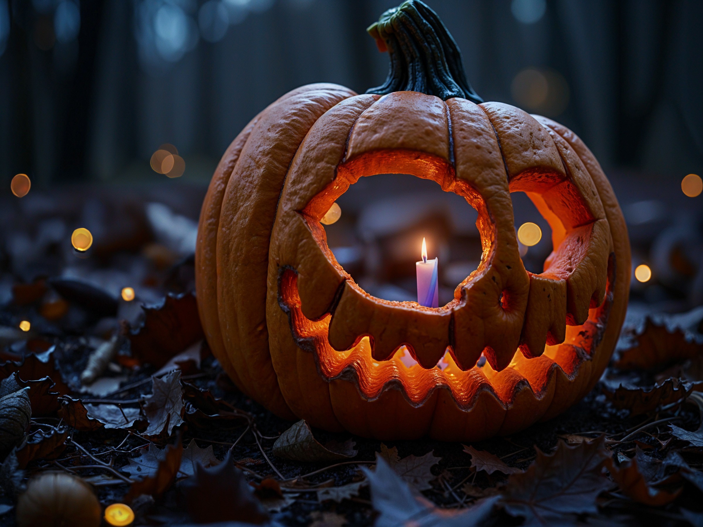Carved Pumpkin Surrounded by Autumn Leaves and Lights