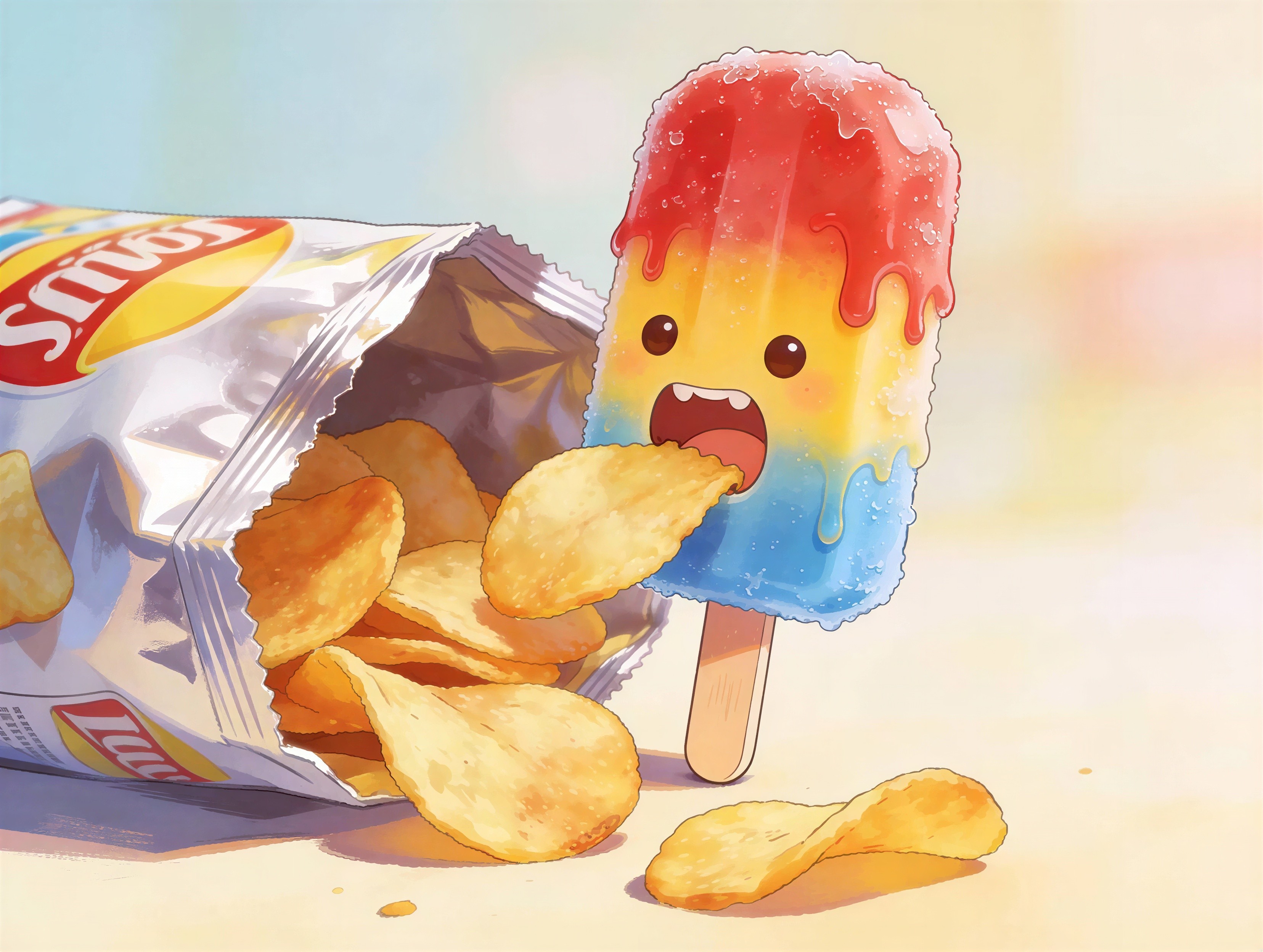 Anime Illustration of Cartoon Popsicle Eating Chips