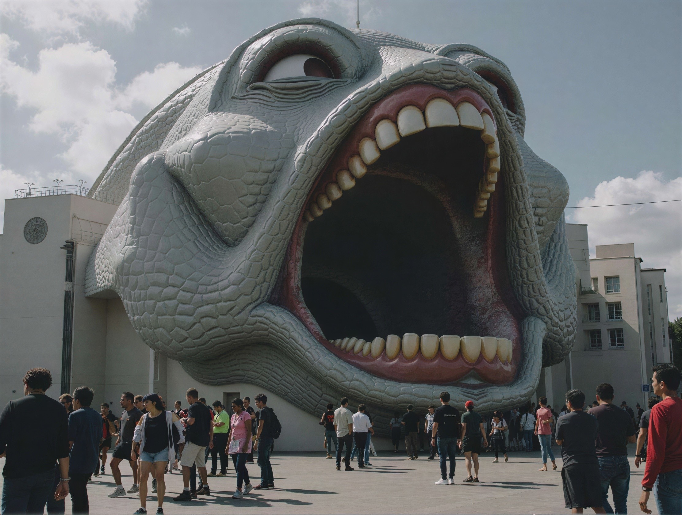 Reptilian Head Sculpture on White Building with Crowd