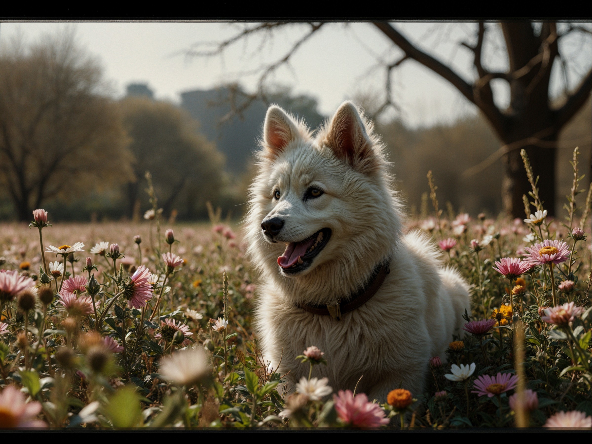 Samoyed Dog Relaxing in Colorful Flower Field