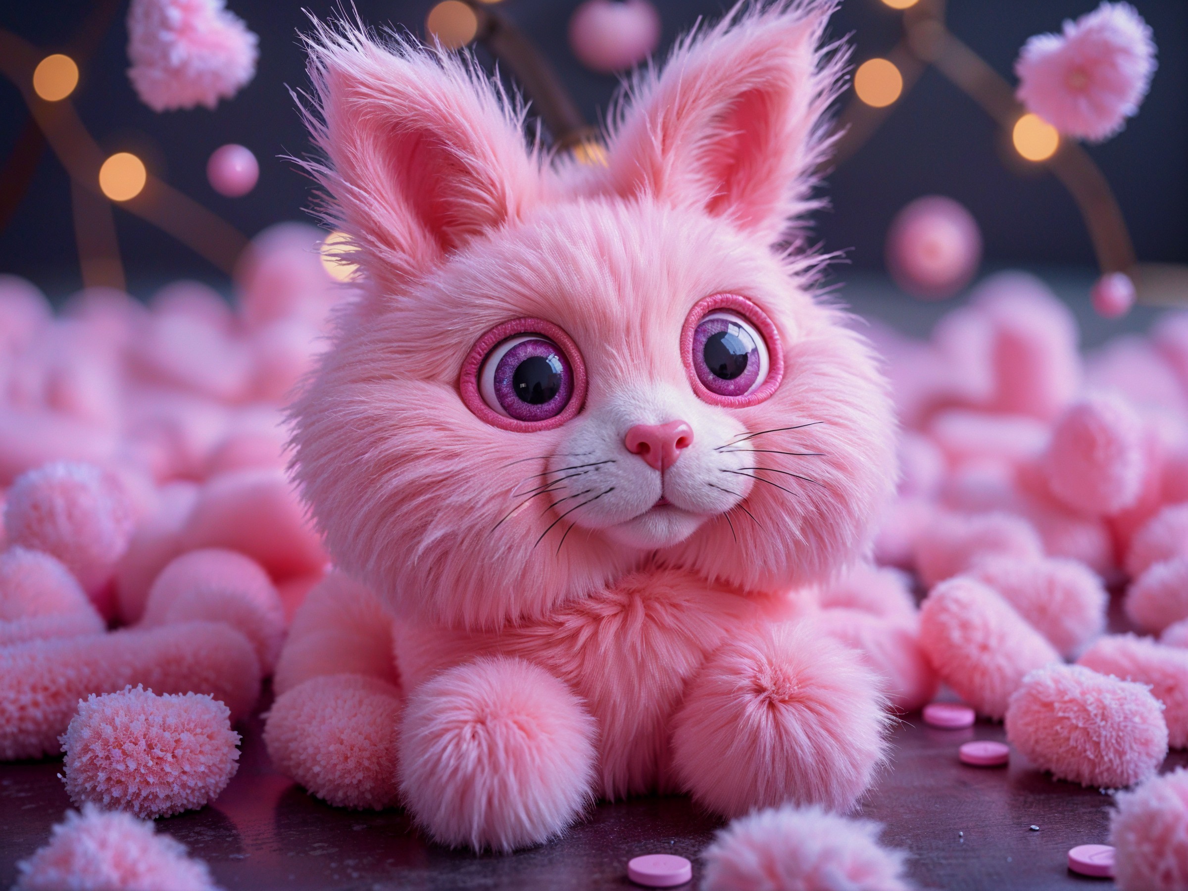 Fluffy Pink Bunny Plush in Whimsical Pom-Pom Setting