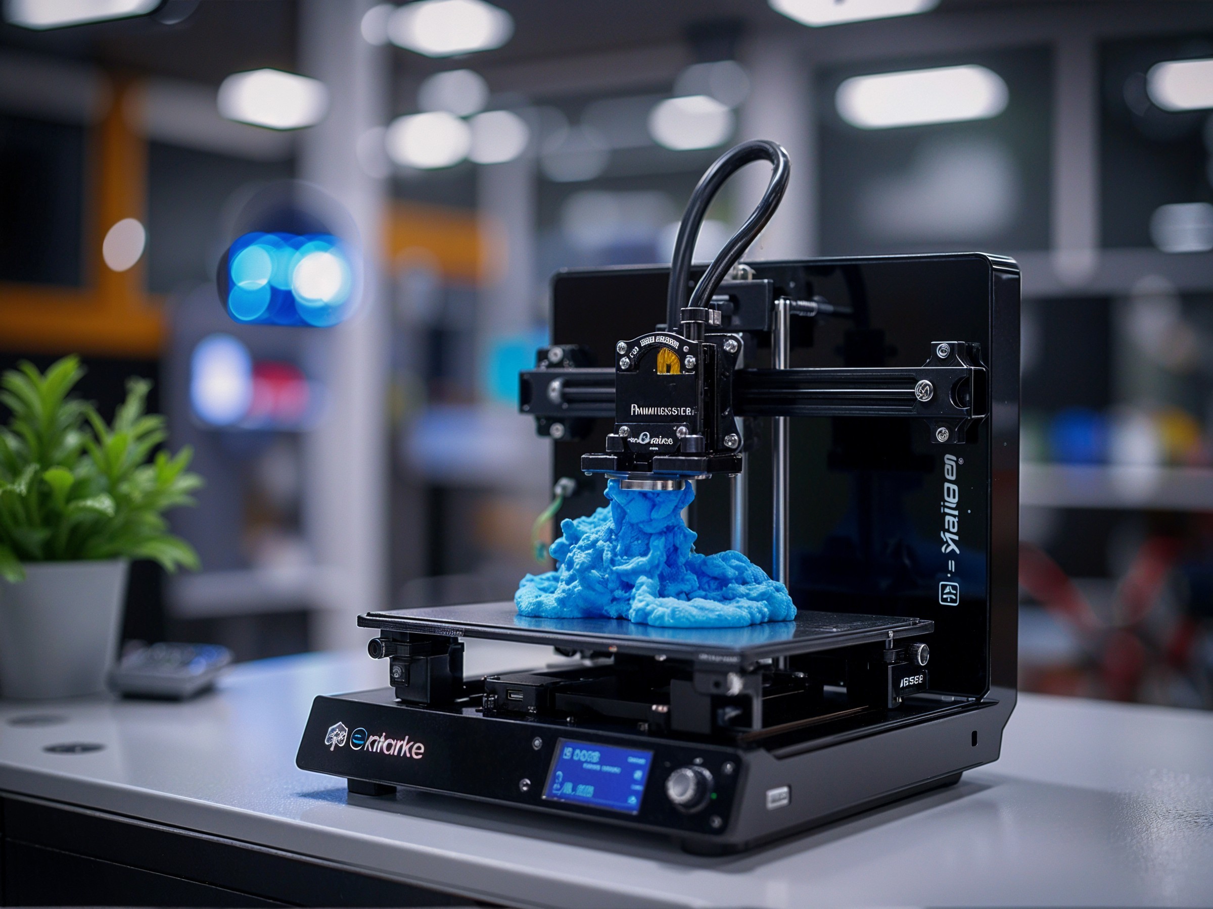 3D Printer in Modern Workspace with Vibrant Blue Print