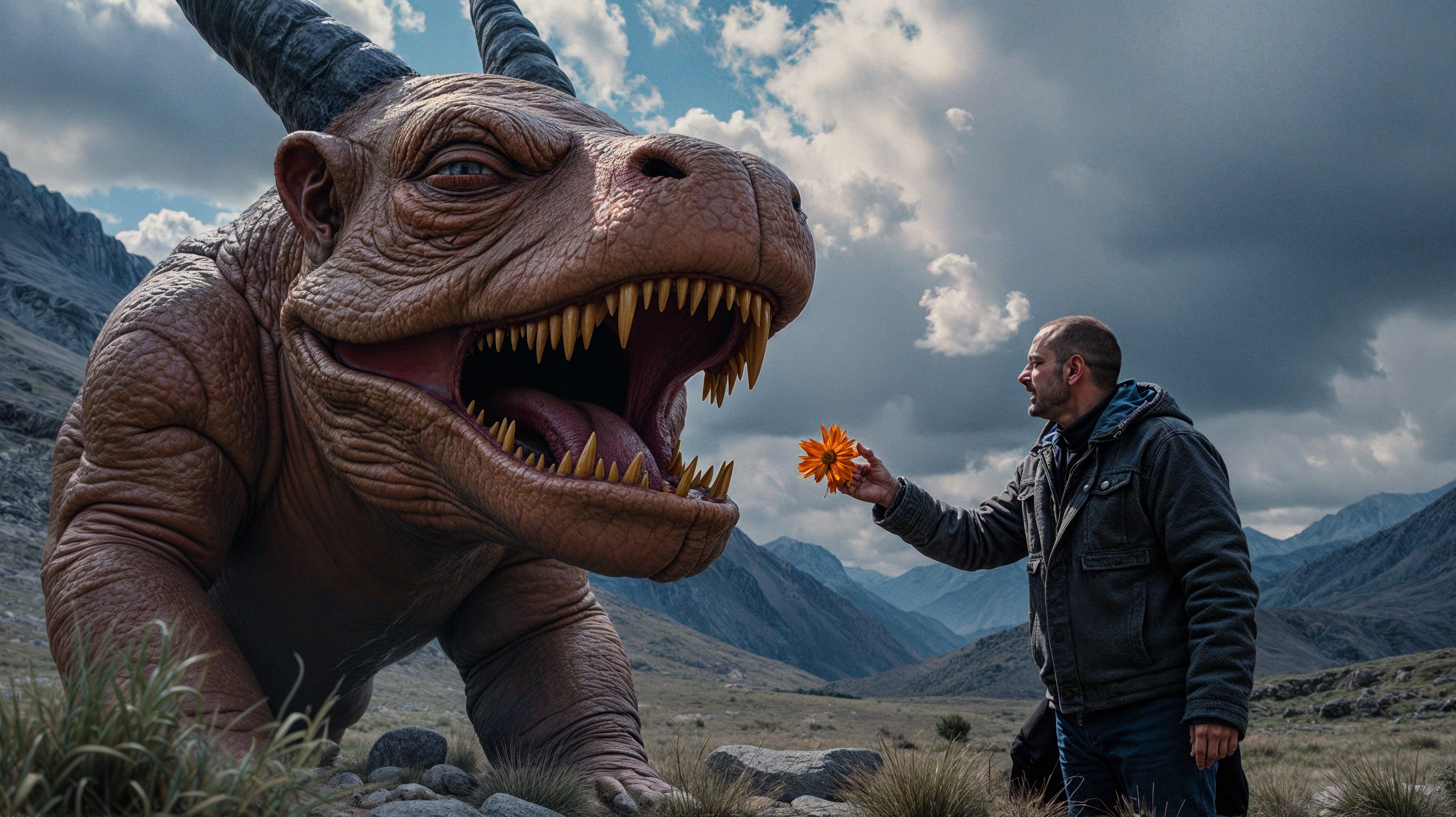 Large Brown Horned Monster with Orange Flower Offering