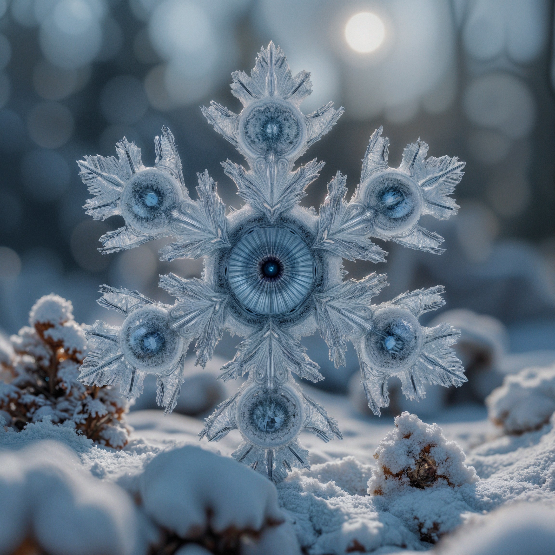 Intricate Snowflake on Fresh Snow in Winter Landscape