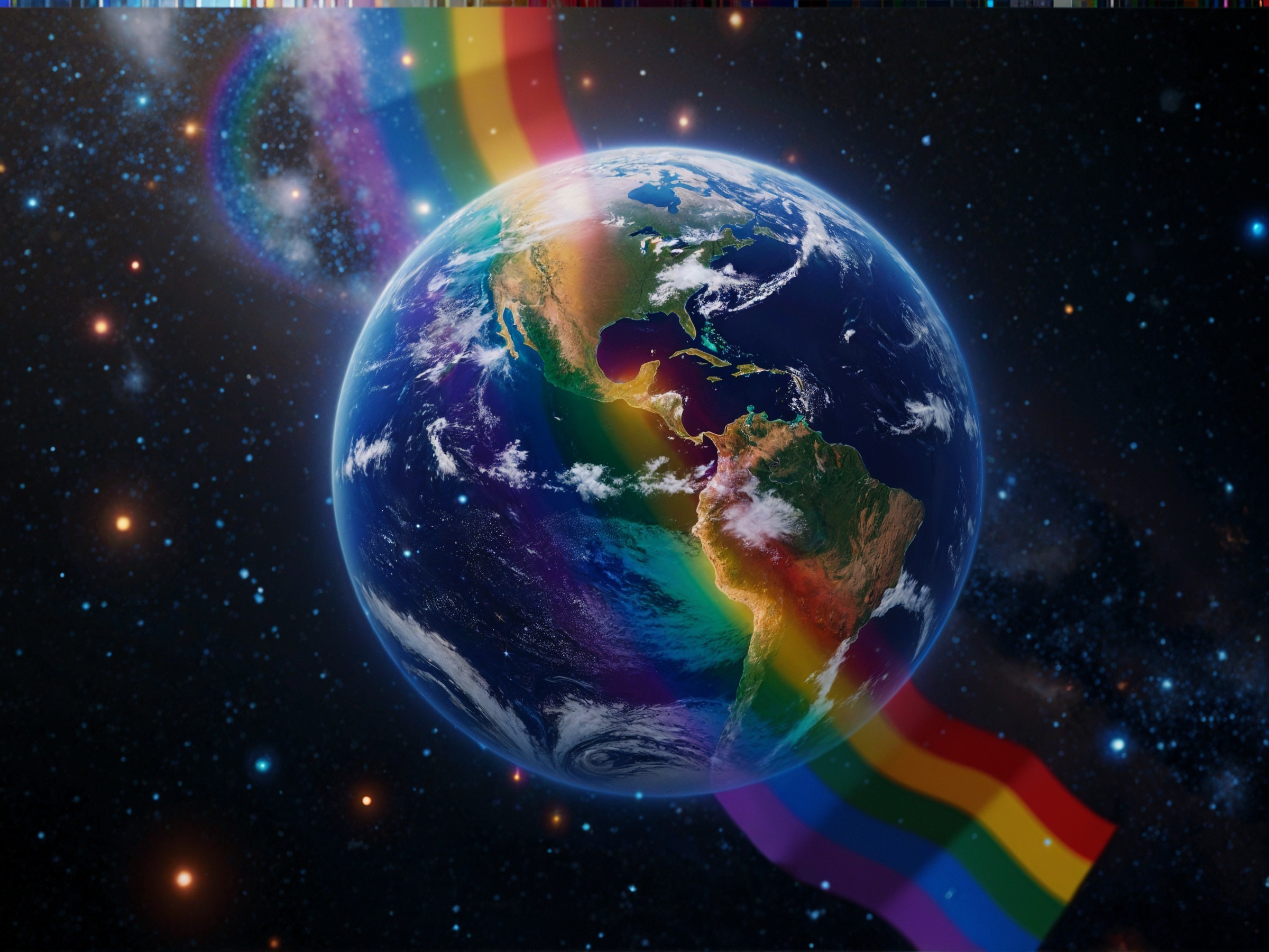 Vibrant Earth with Rainbow Flag in Starry Space