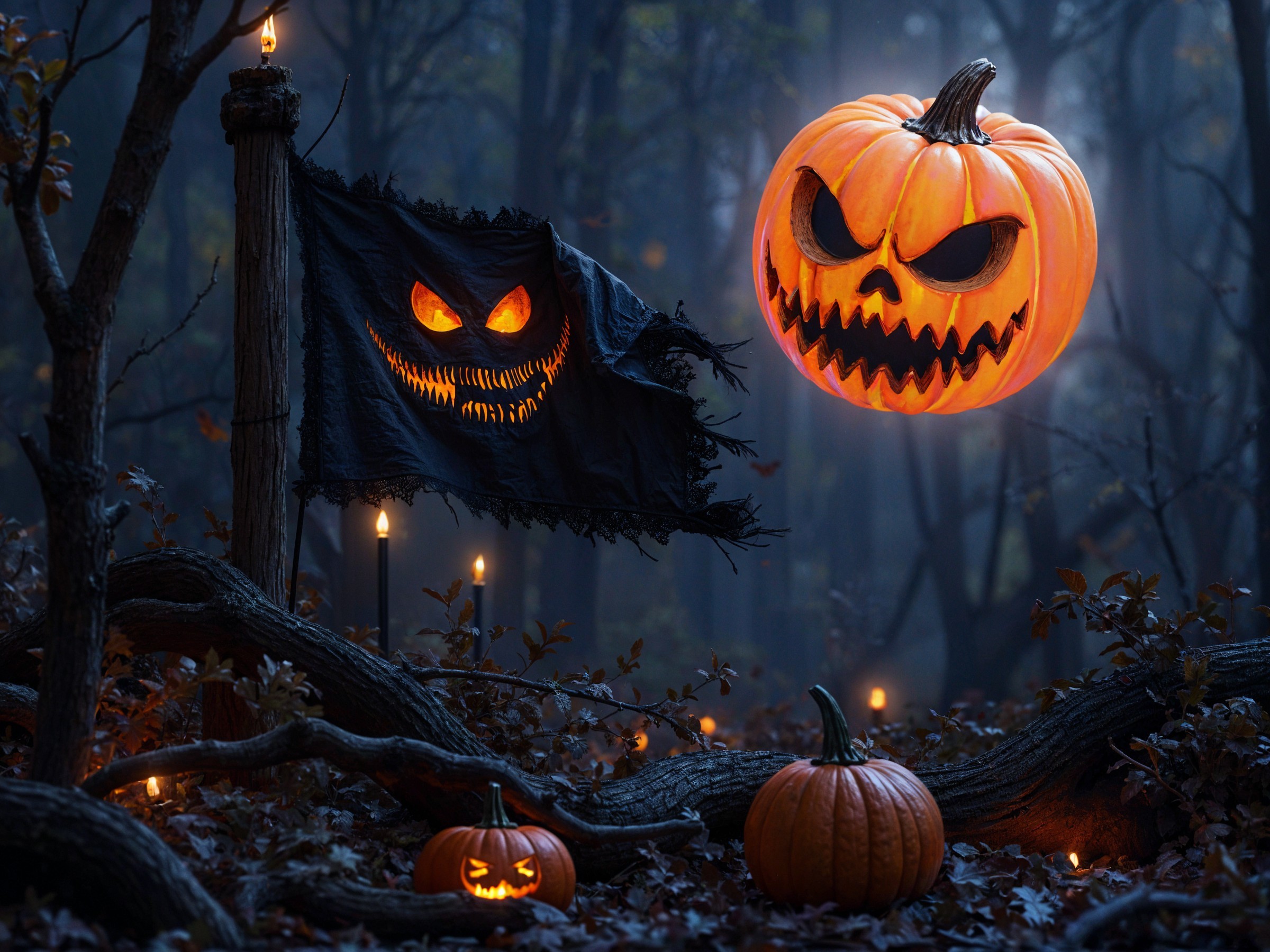 Misty Forest with Glowing Pumpkin and Black Flag