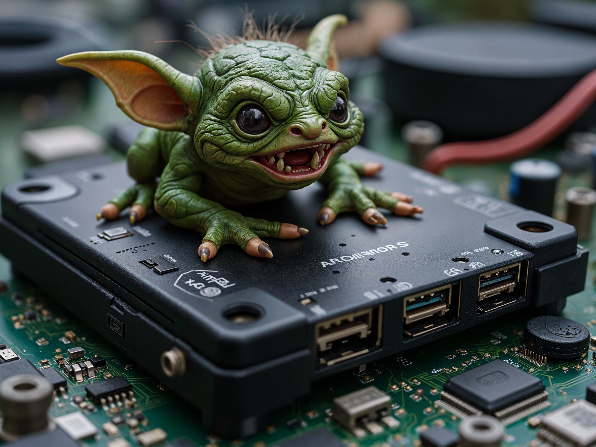 Small Green Creature on Circuit Board with Electronics