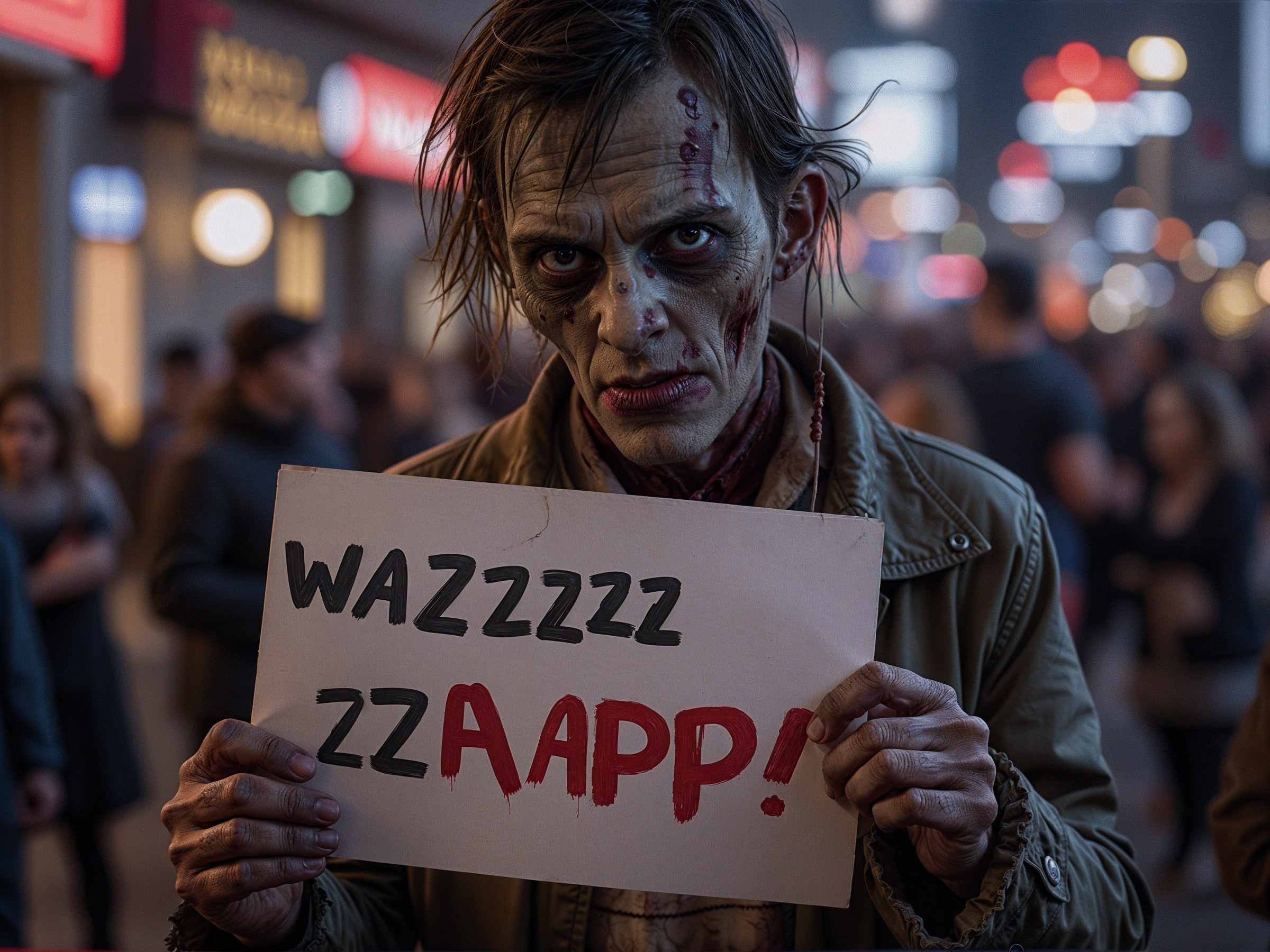 Zombie Figure with Sign in Urban Background