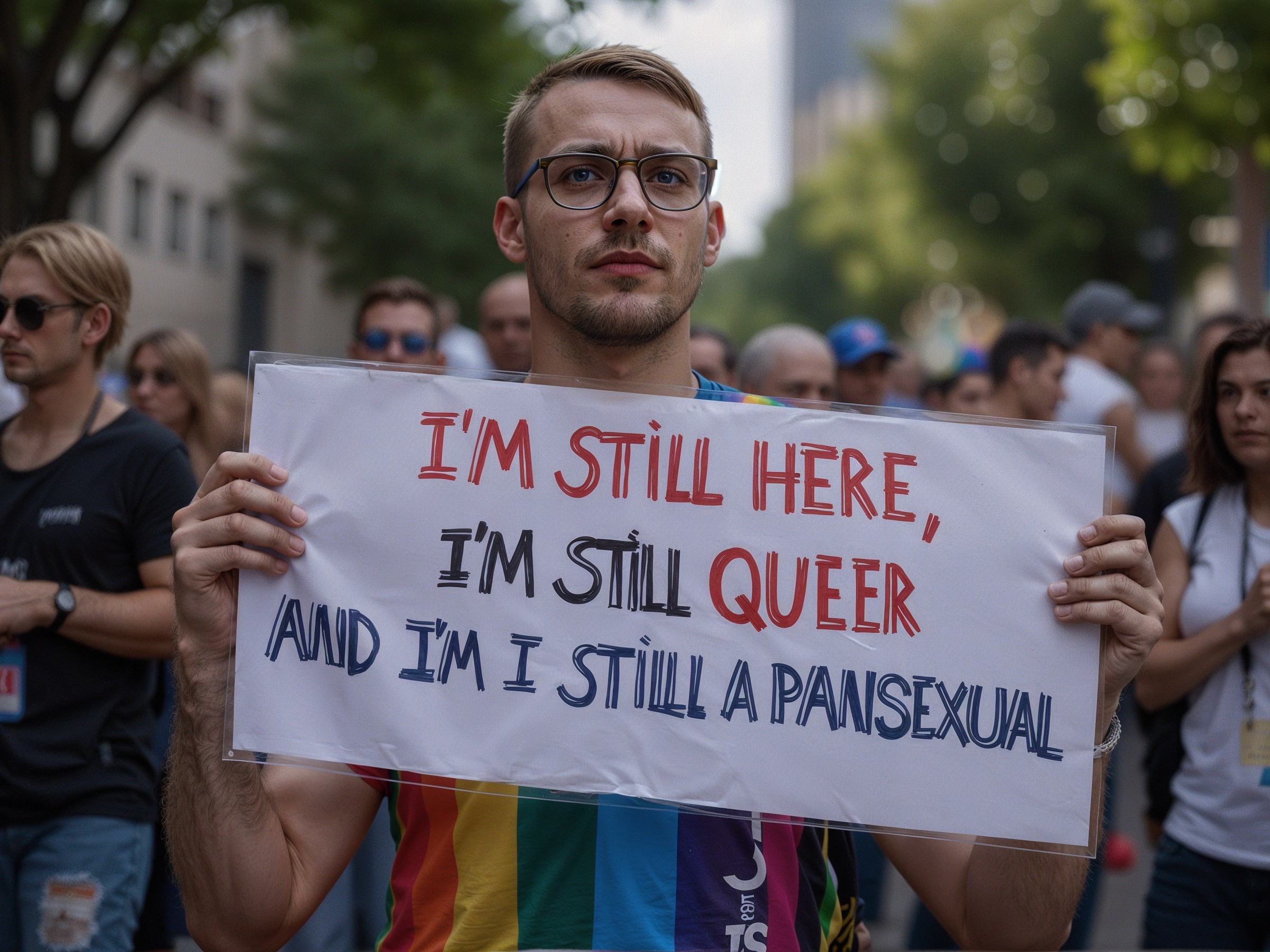 Young Man at Pride Parade with Supportive Sign