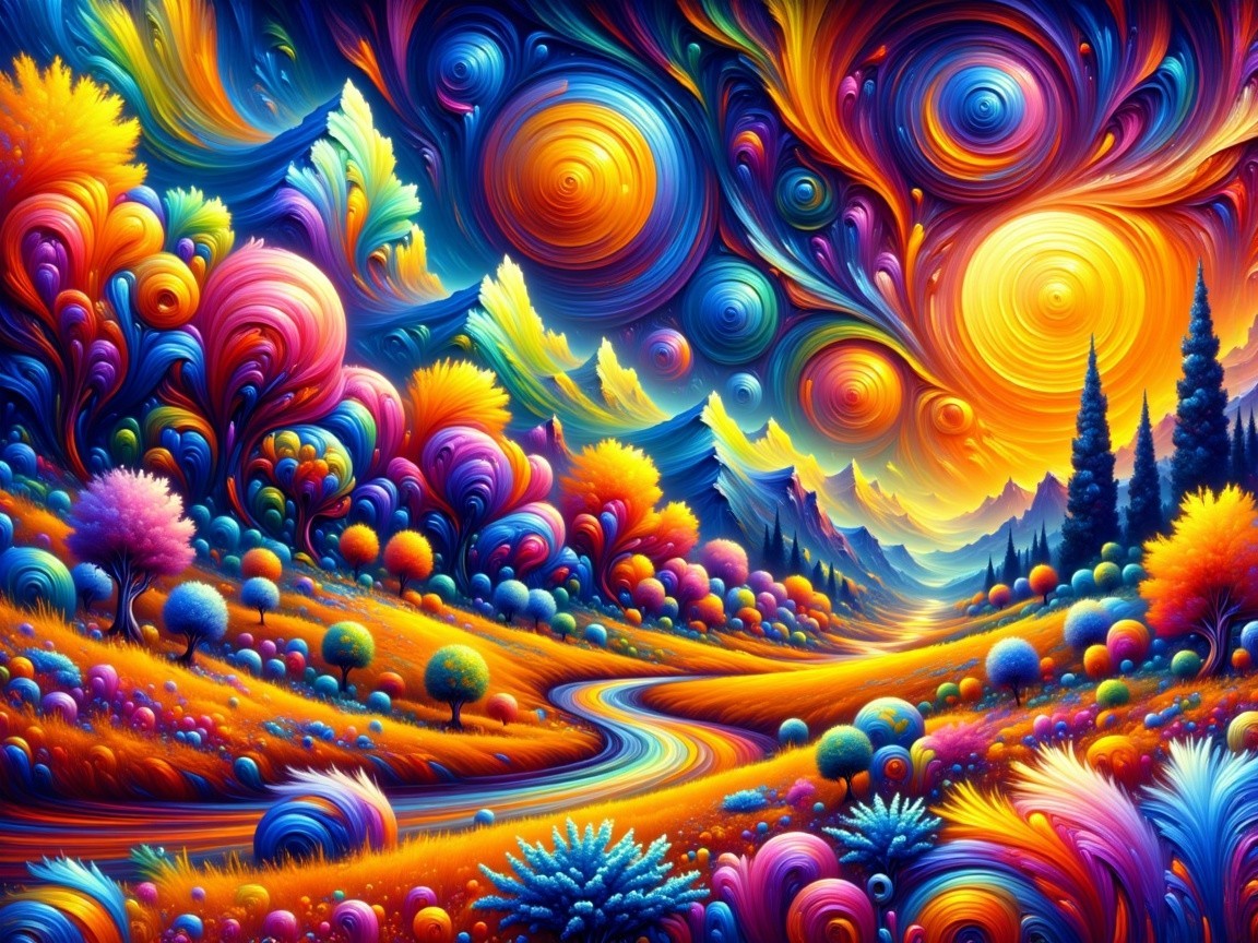 Surreal Landscape with Colorful Patterns and Nature
