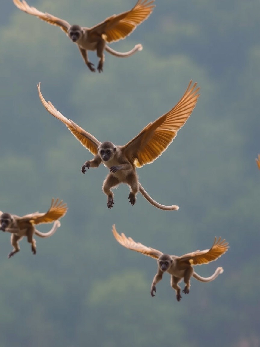 Monkeys with Colorful Wings Soaring in a Surreal Scene