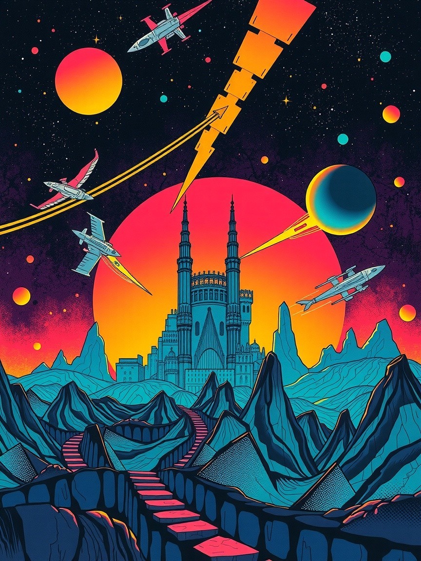 Retro-Futuristic Castle Under Vibrant Sunset Sky