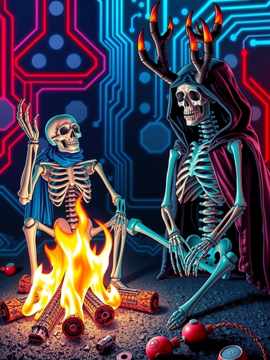 Skeletons by Campfire with Colorful Objects and Circuitry