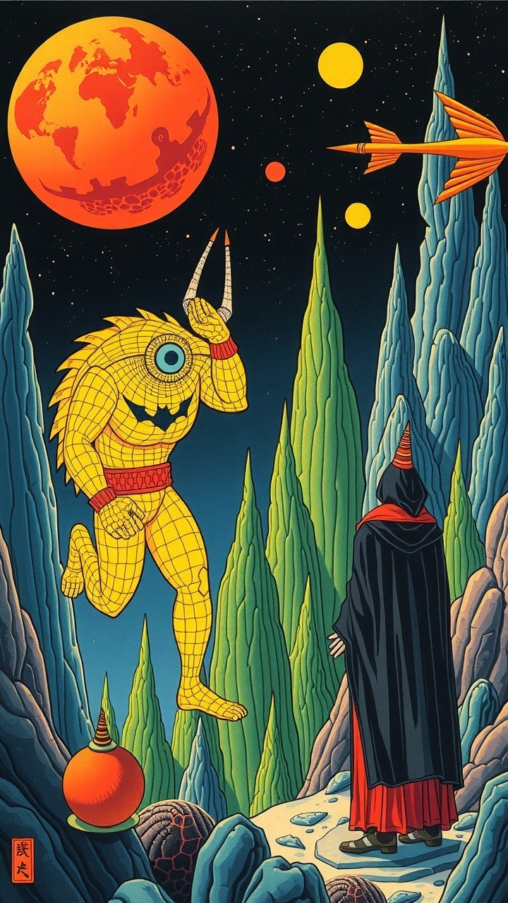 Surreal Landscape with Playful Creature and Cloaked Figure