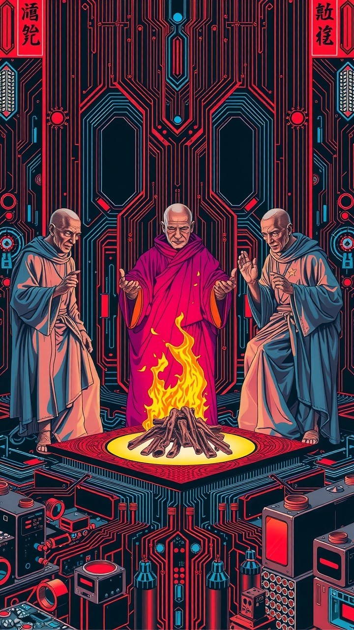 Monks Meditating by Campfire on Circuit Board Background