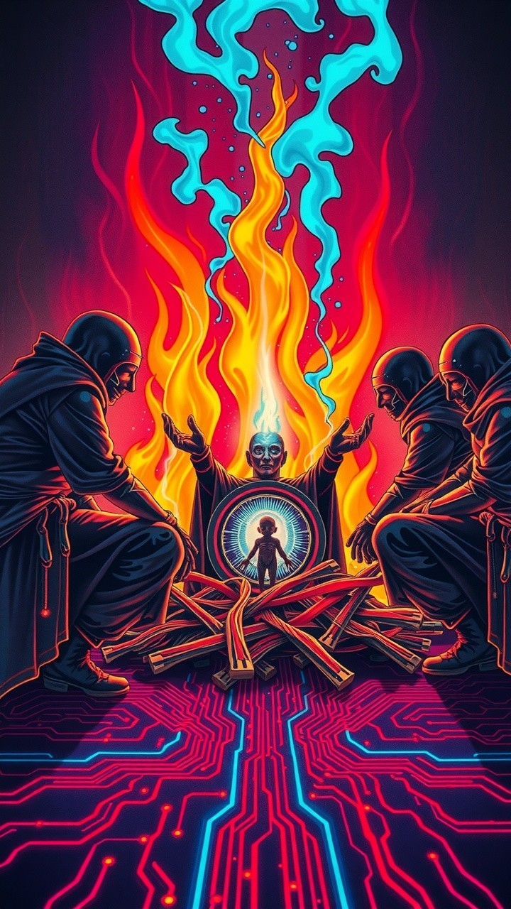Hooded Figures Gather Around a Vibrant Fire Scene