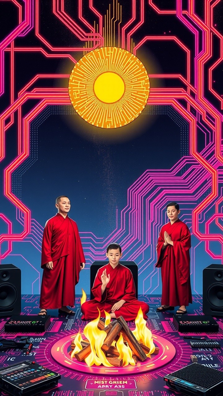 Futuristic Scene of Figures in Red Robes and Neon Circuitry