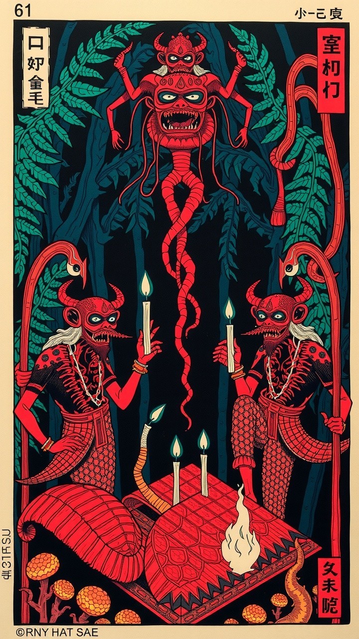 Vibrant Illustration of Mystical Figures in a Forest