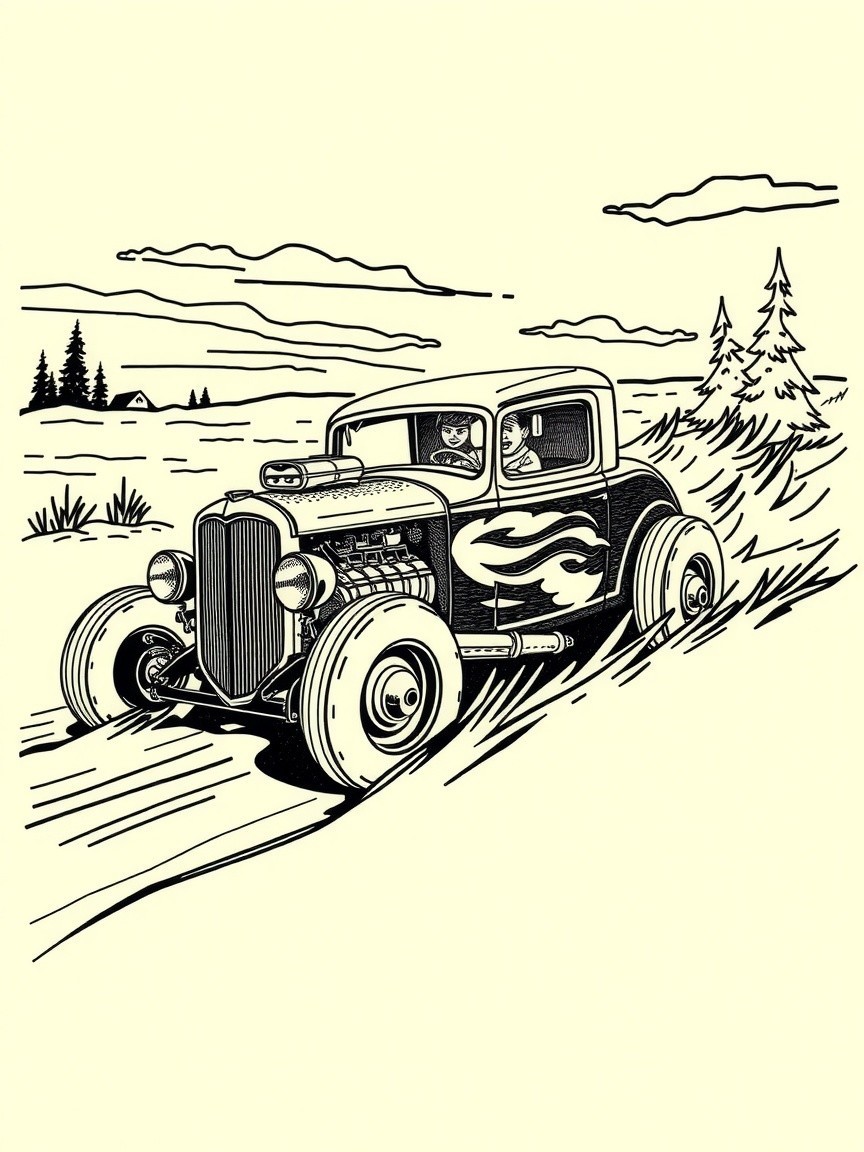 Classic Hot Rod Car on Dirt Path with Scenic Landscape