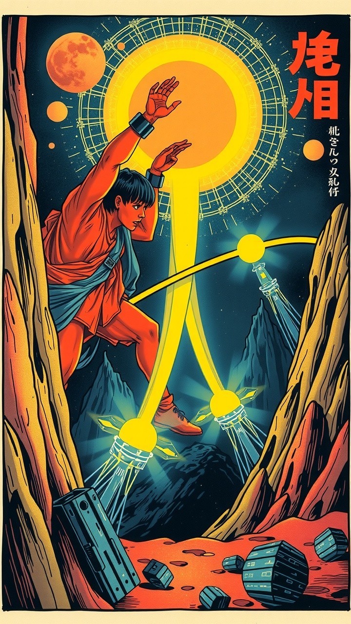 Retro Illustration of Heroic Figure on Alien Landscape