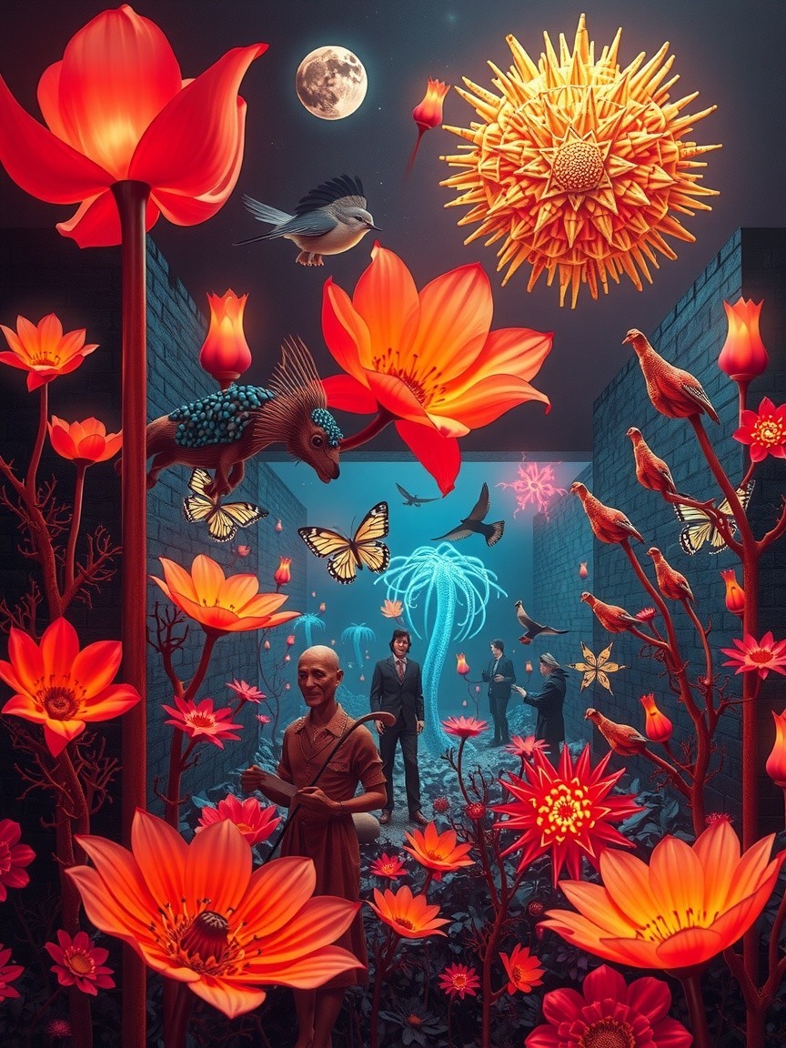 Surreal Scene with Luminous Flowers and Creatures