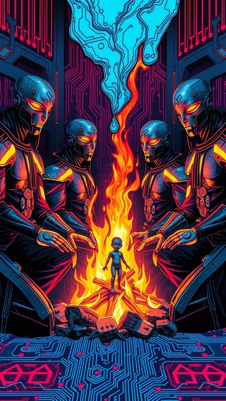Robotic Figures Surrounding Fire in Futuristic Setting