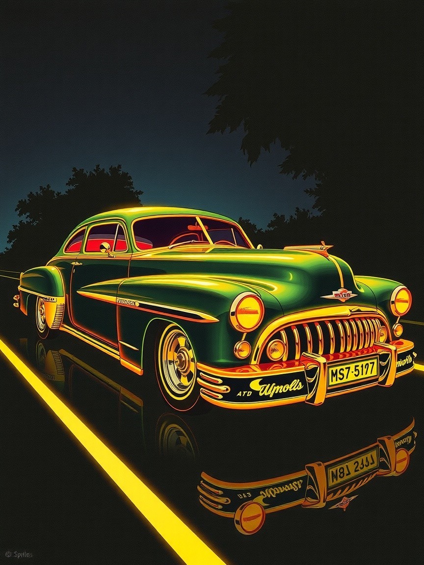 Vintage Green Car Parked on Dimly Lit Road