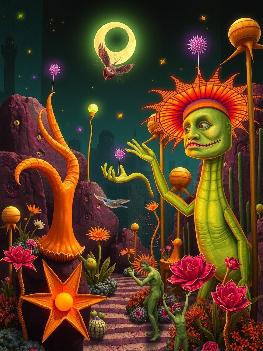 Surreal Landscape with Whimsical Creatures and Plants