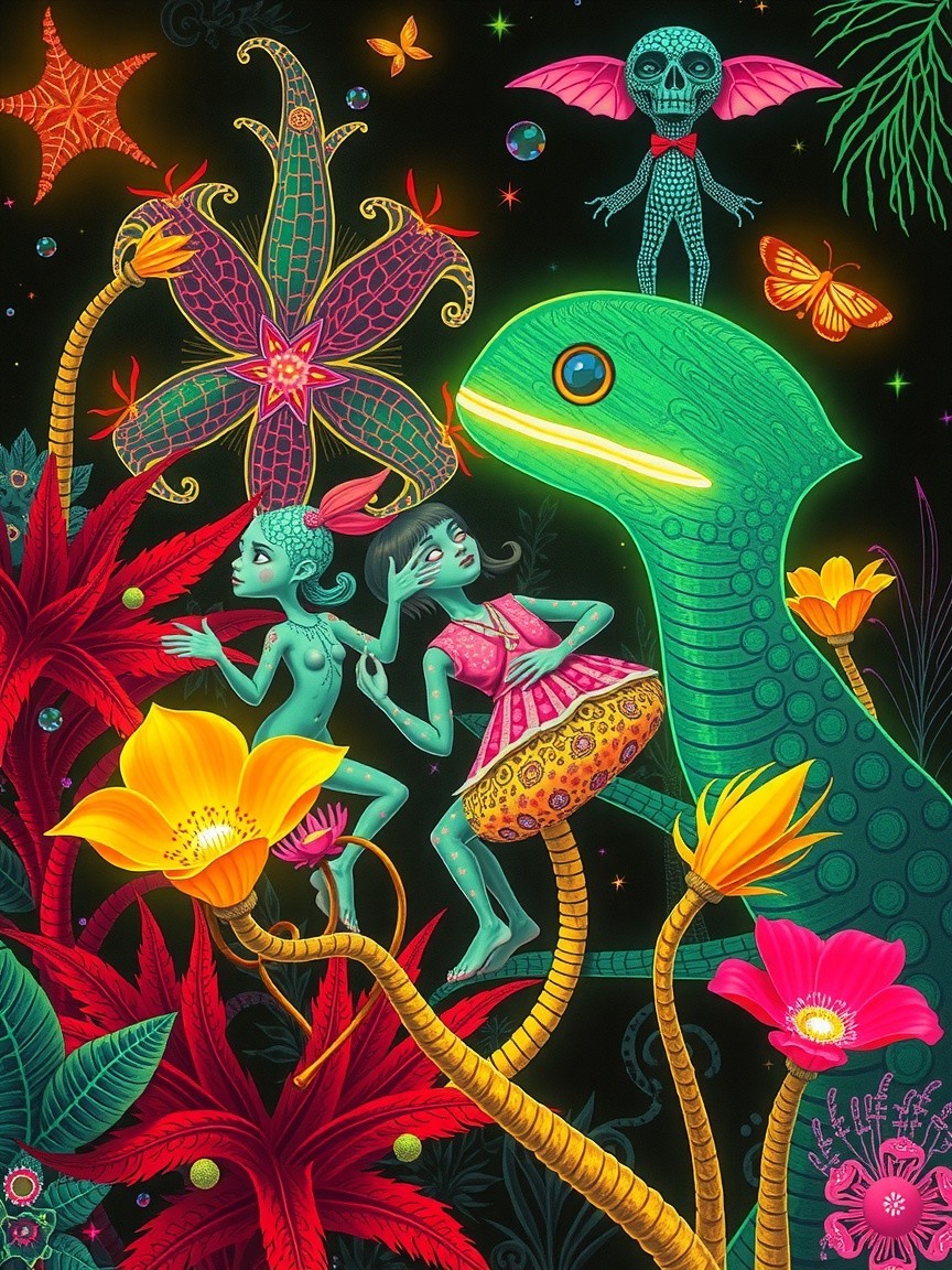 Surreal Jungle Scene with Whimsical Creatures