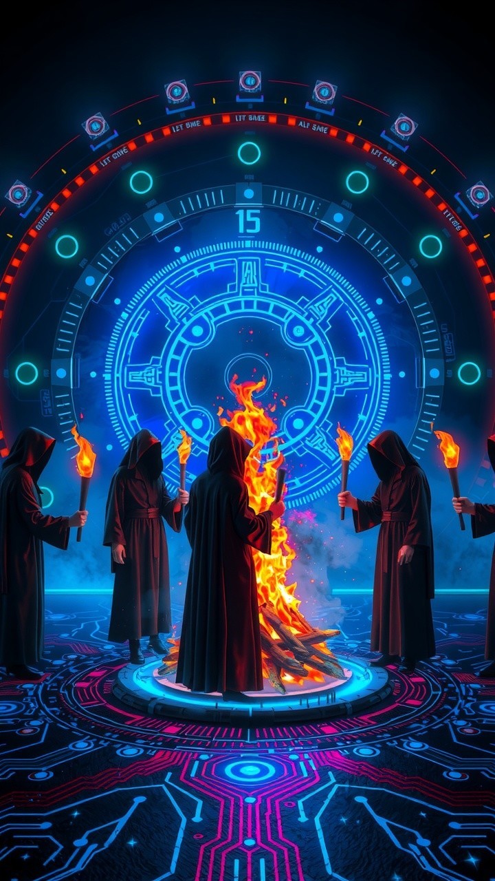 Cloaked Figures Gather Around a Mystical Bonfire
