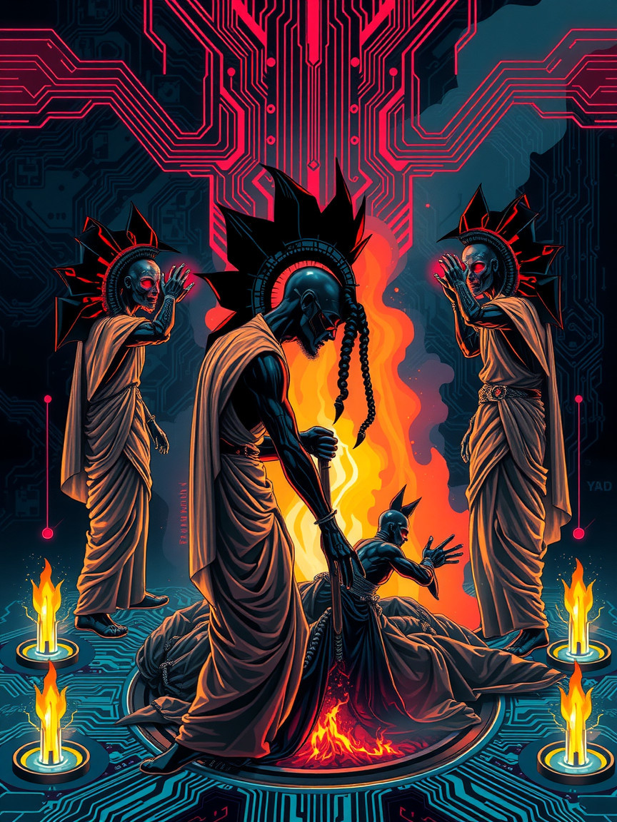 Futuristic Ritual with Hooded Figures and Candles