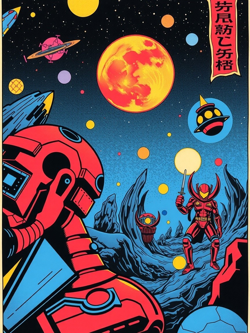 Vibrant Retro-Inspired Space Scene with Robotic Figure