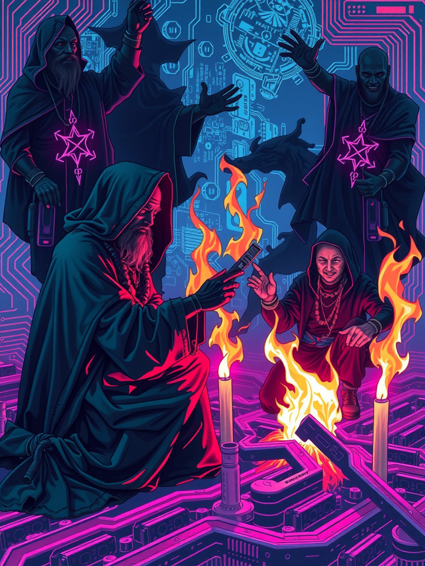 Cloaked Figures in Ritual with Tech and Magic Elements