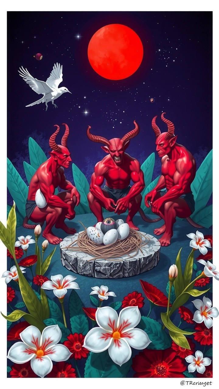 Red-skinned figures with eggs in a surreal landscape