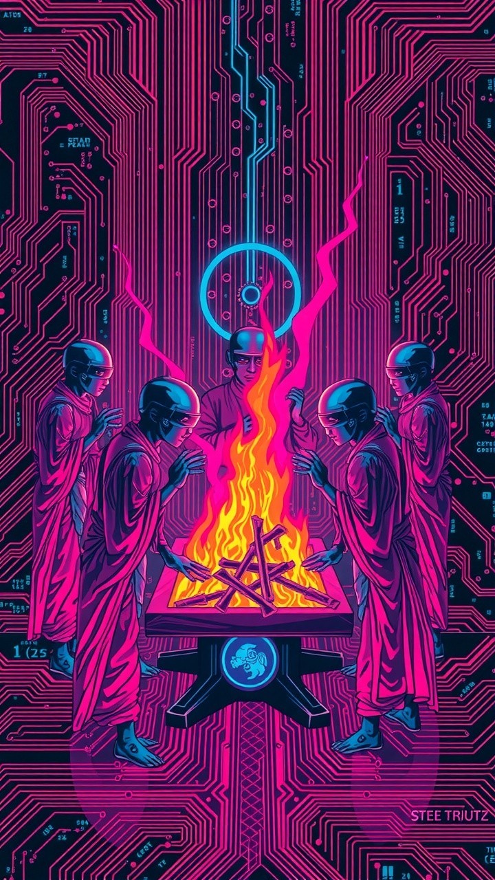 Hooded Figures Around Neon Fire in Futuristic Setting