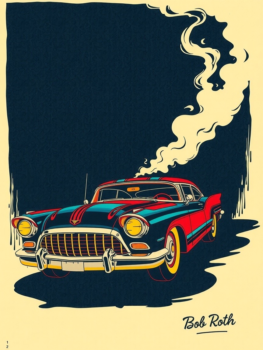 Vibrant Retro Illustration of Classic Car with Smoke