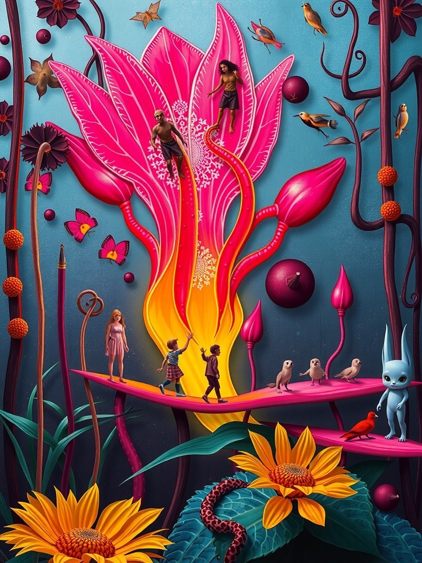 Surreal landscape with oversized flowers and whimsical characters
