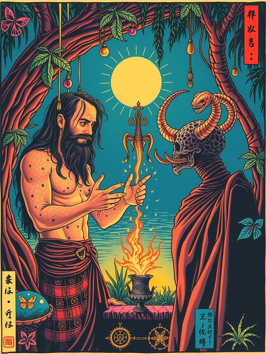 Mystical Scene with Muscular Figure and Skeletal Entity