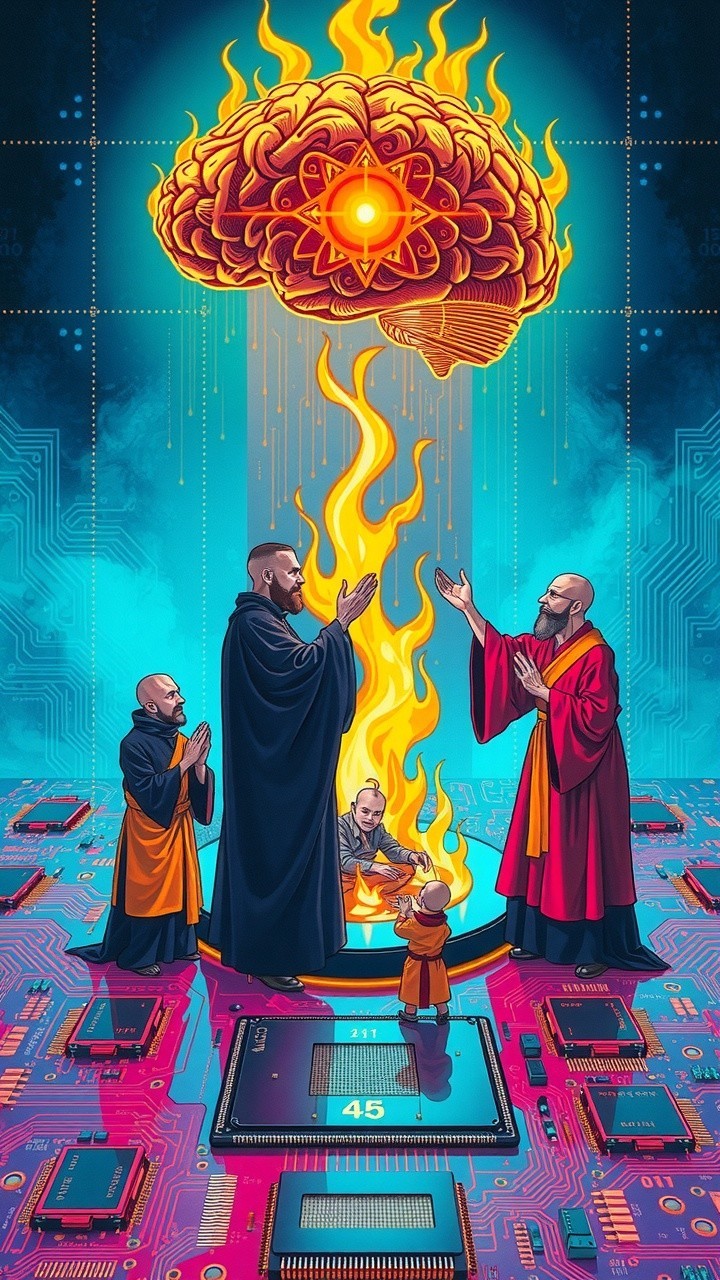Futuristic Scene of Monks and Glowing Brain Symbolism