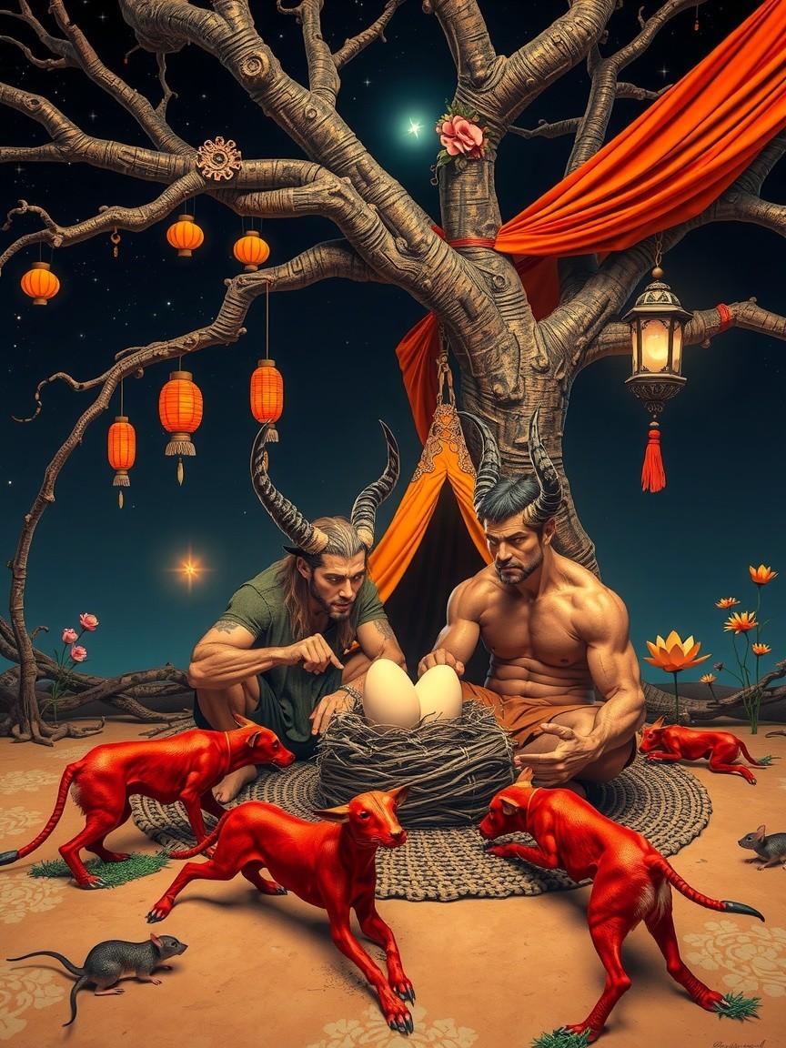 Muscular Figures with Horns Beside Twisted Tree Scene