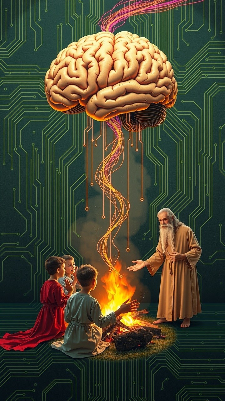 Elder Sharing Stories by Campfire with Children and Brain