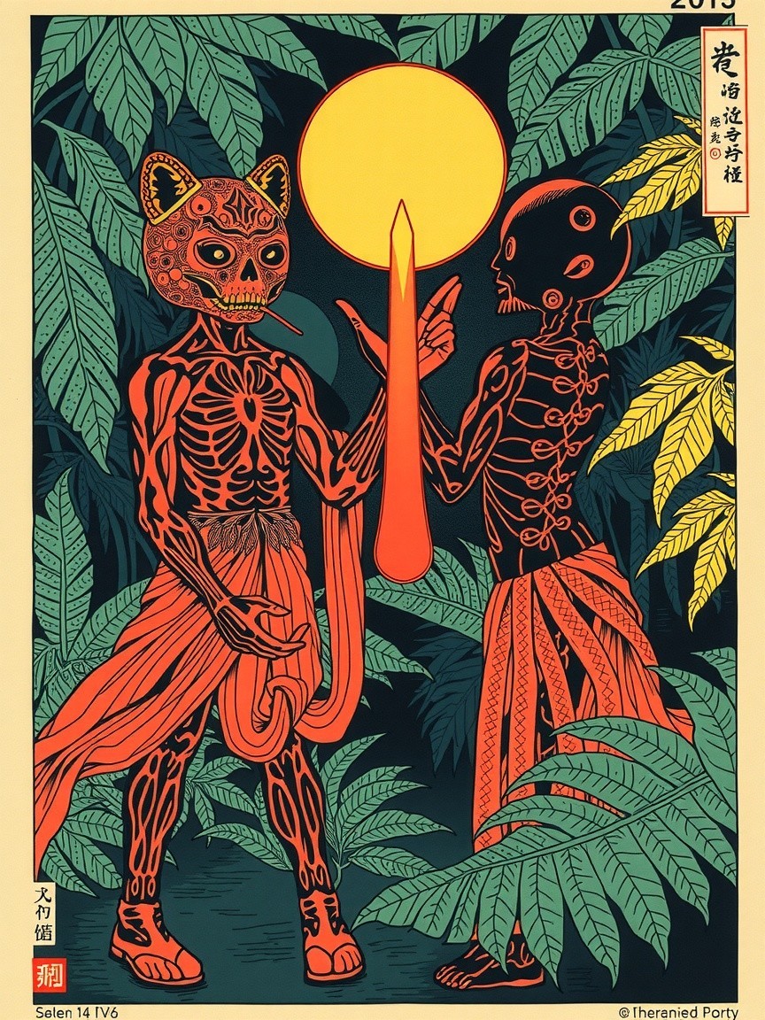 Skeletal Figures in Lush Foliage Under Glowing Orb