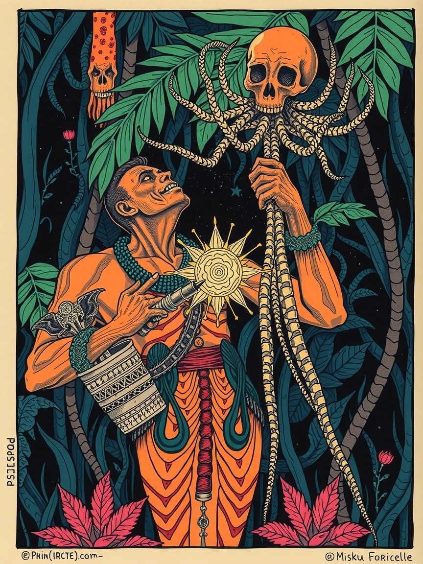 Tribal Figure in Jungle with Skull and Octopus Illustration