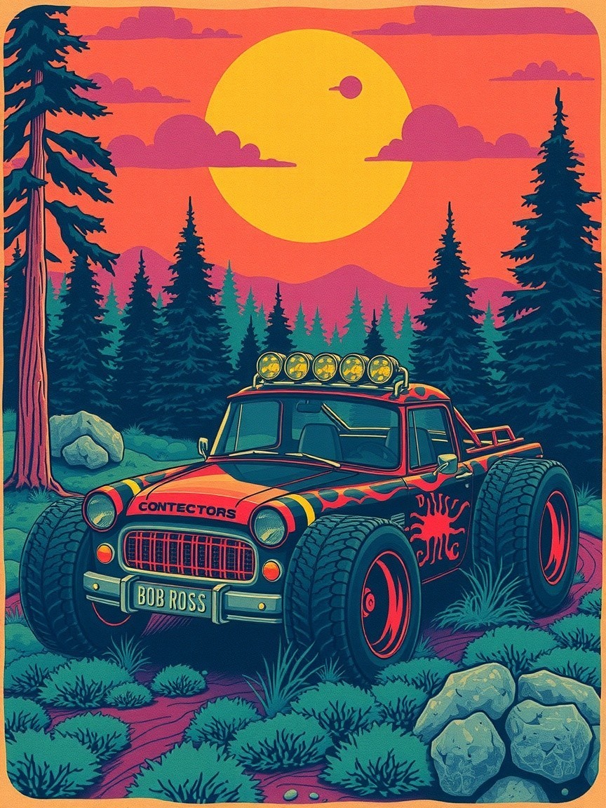 Retro Off-Road Vehicle Illustration in Scenic Landscape