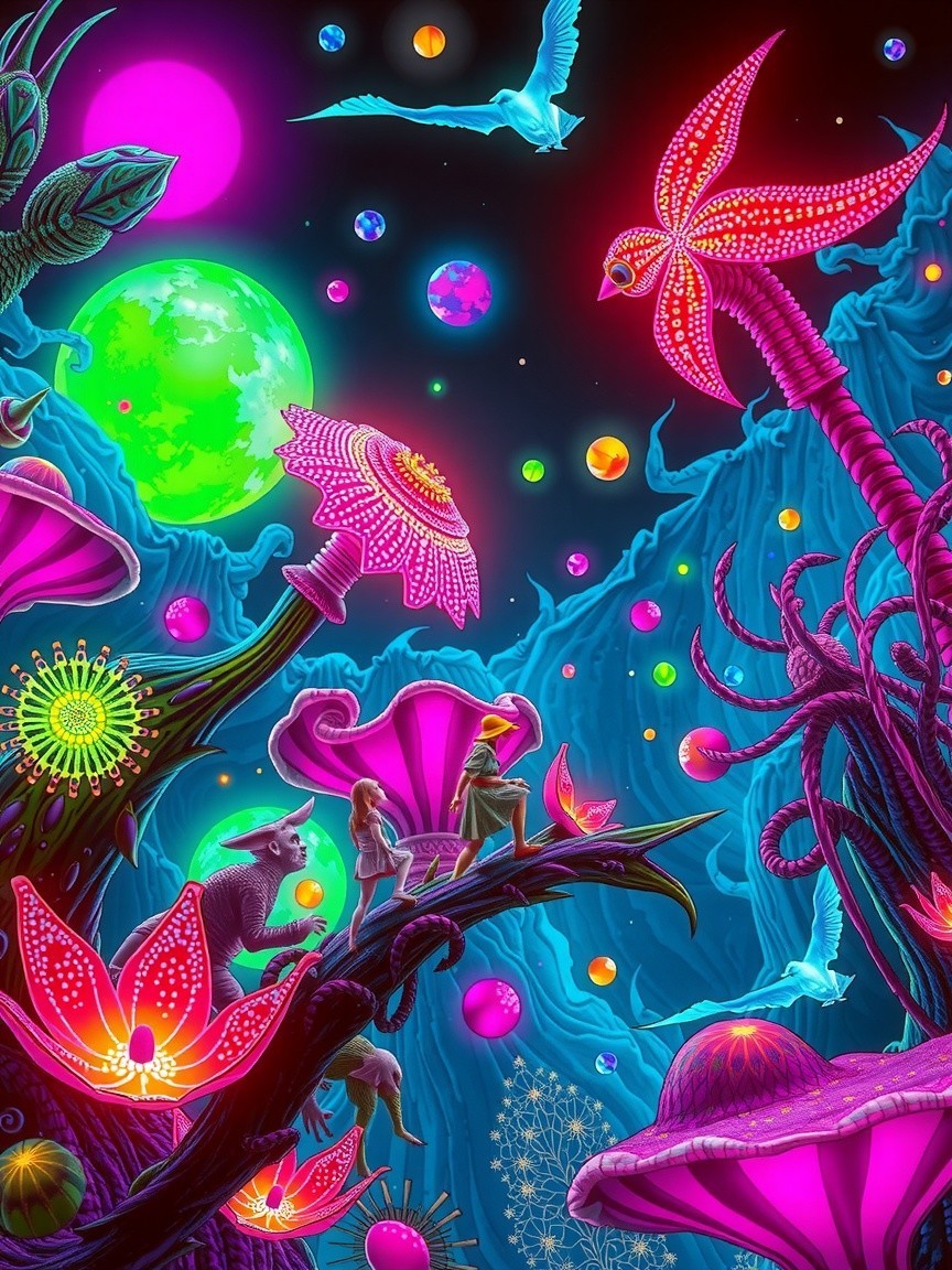 Surreal Landscape with Glowing Mushrooms and Flora