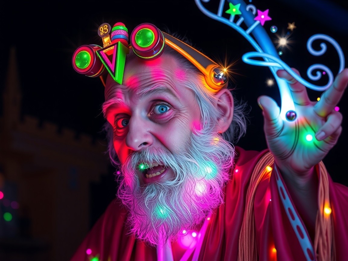 Elderly Magician in Colorful Robe with Wand Sparks