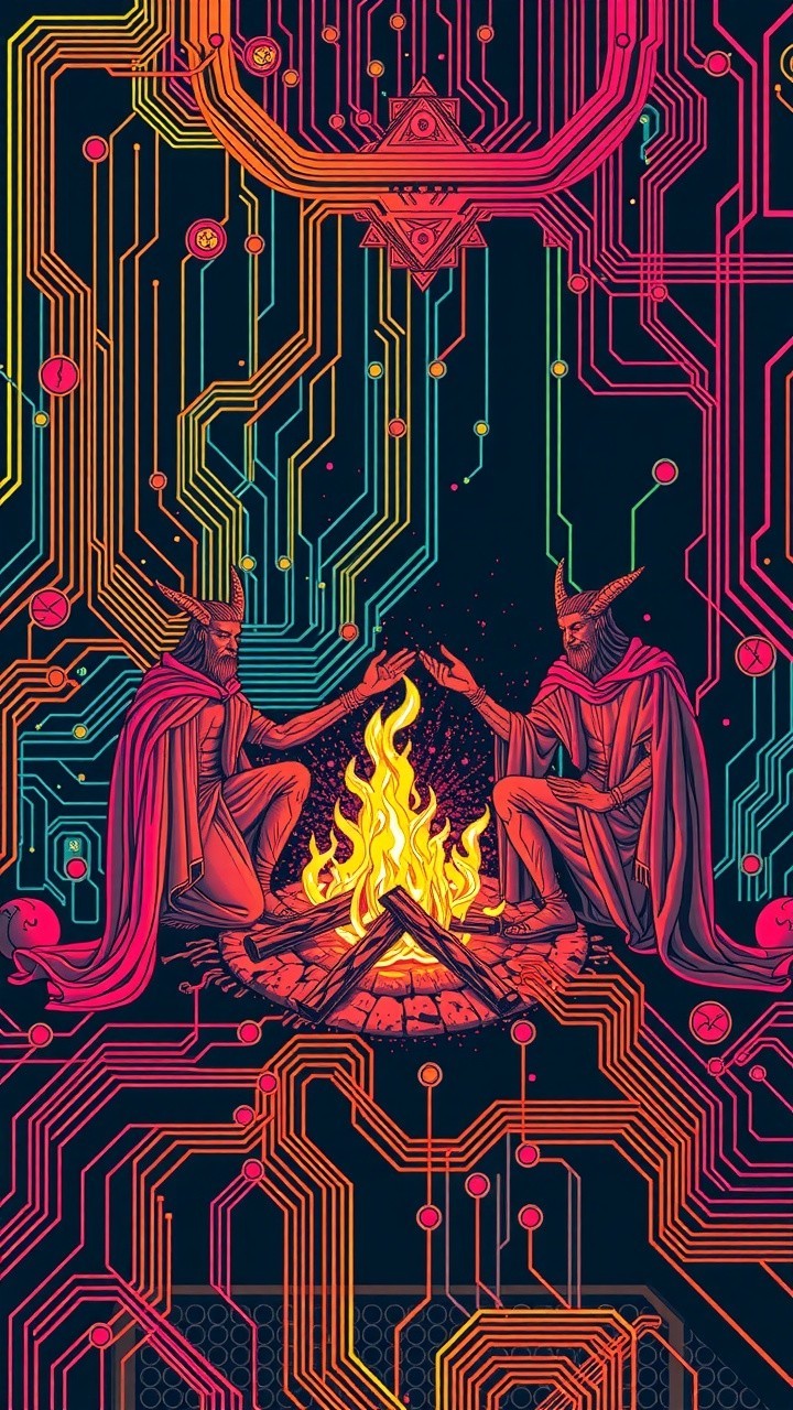 Mysterious Figures by Glowing Campfire with Circuitry